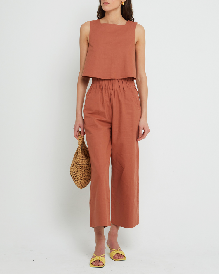 First image of Willow Set, a rust top and long pants, tank, seperates, high neckline, elastic, relaxed, wide leg, cropped