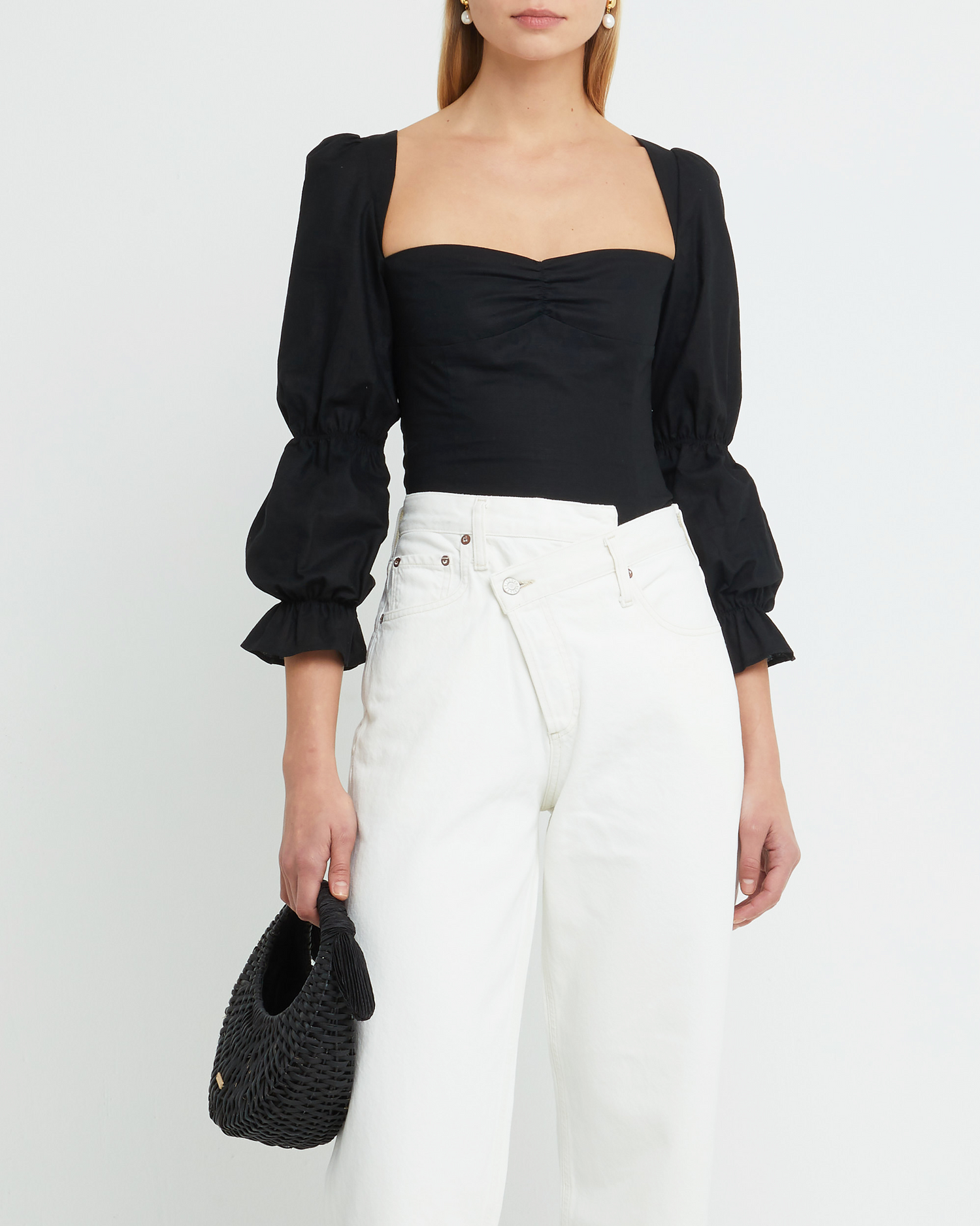 First image of Francesca Top, a black puff sleeve top, sweetheart neckline, puff sleeve, long sleeve, cap sleeve