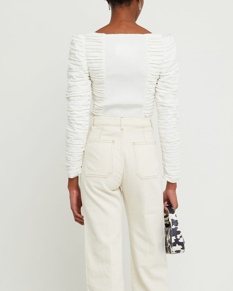 Second image of Anastasia Top, a white long sleeve top, ruched, square neckline, smocked