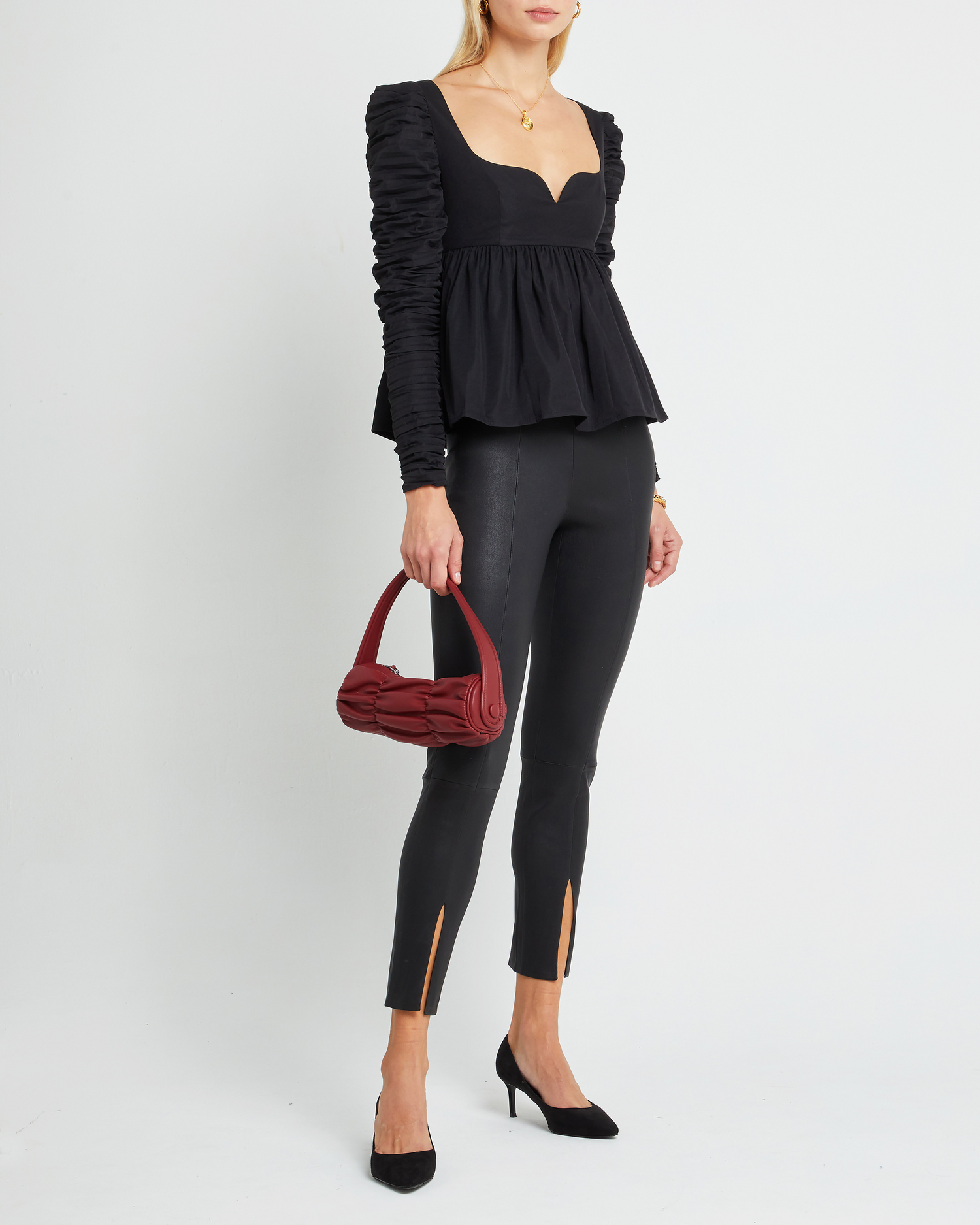 Third image of Alice Top, a black long sleeve top, ruched, long sleeve, peplum