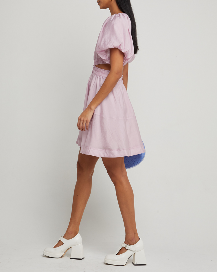 Fifth image of Mayra Dress, a purple mini dress, cut out, open back, high neck, gathered, short sleeves
