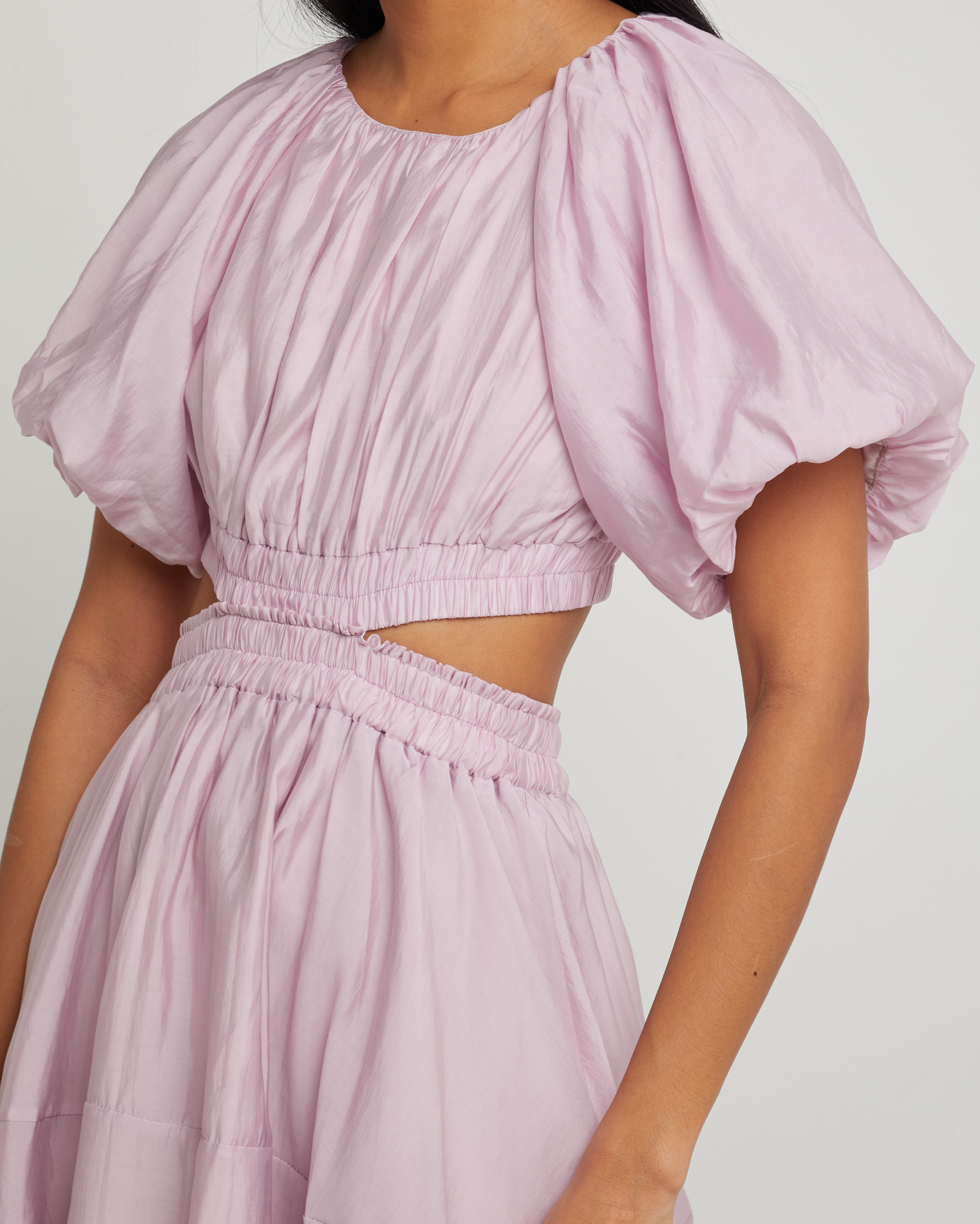Sixth image of Mayra Dress, a purple mini dress, cut out, open back, high neck, gathered, short sleeves