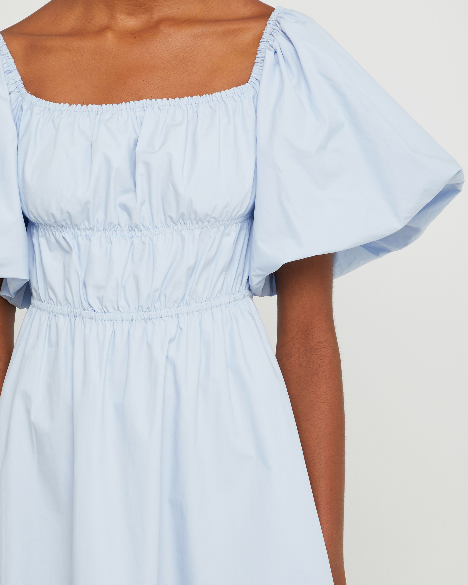 Sixth image of Leanna Cotton Dress, a blue mini dress, puff sleeves, gathered bodice, short sleeve