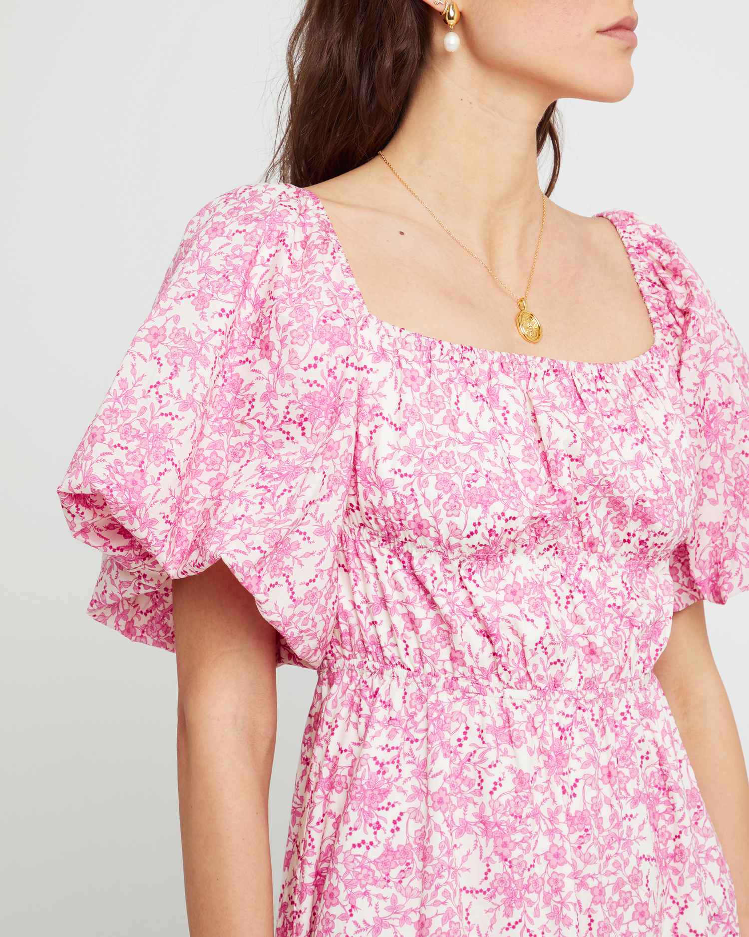 Fifth image of Leanna Dress, a pink mini dress, floral, puff sleeves, short sleeves, gathered