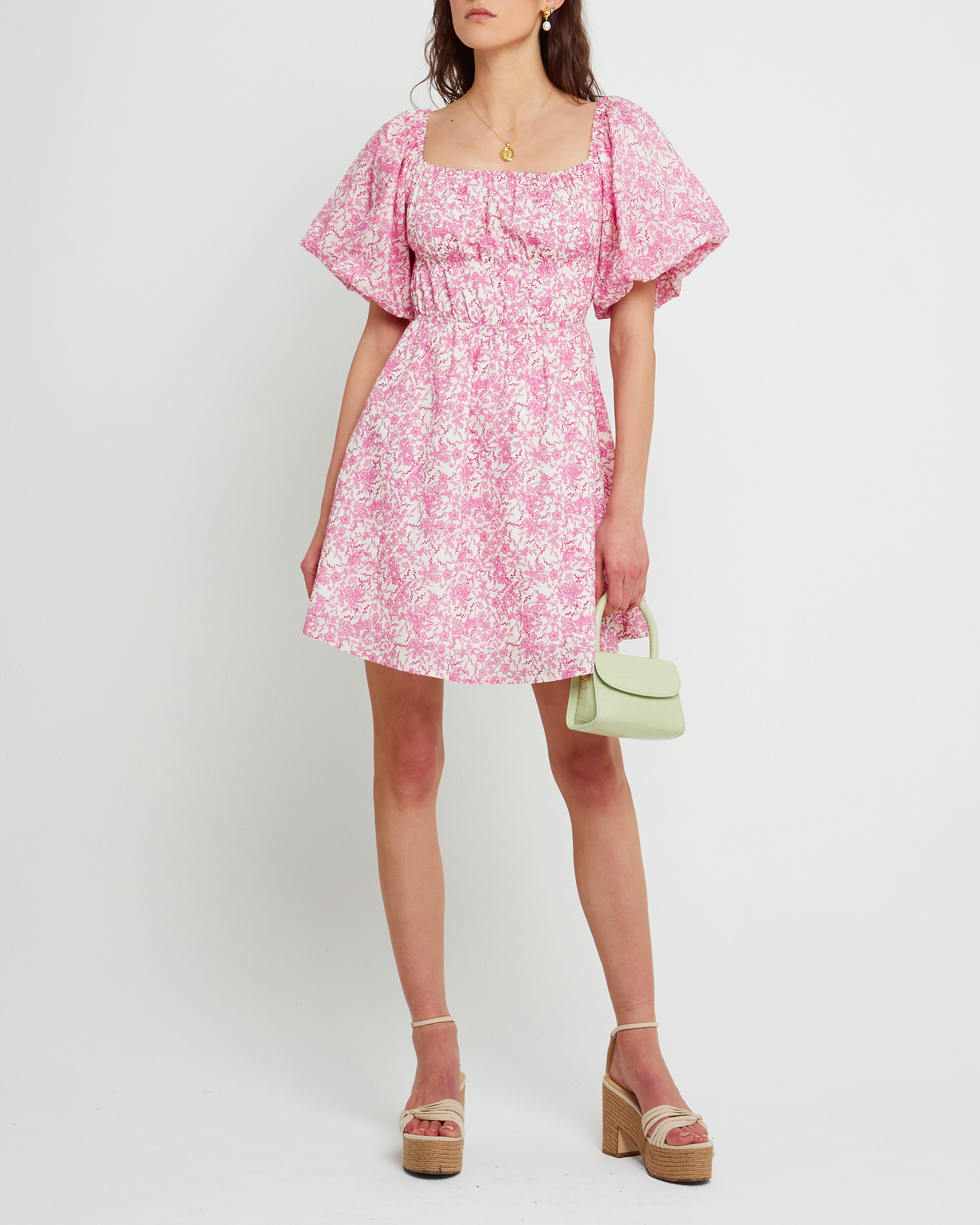 First image of Leanna Dress, a pink mini dress, floral, puff sleeves, short sleeves, gathered
