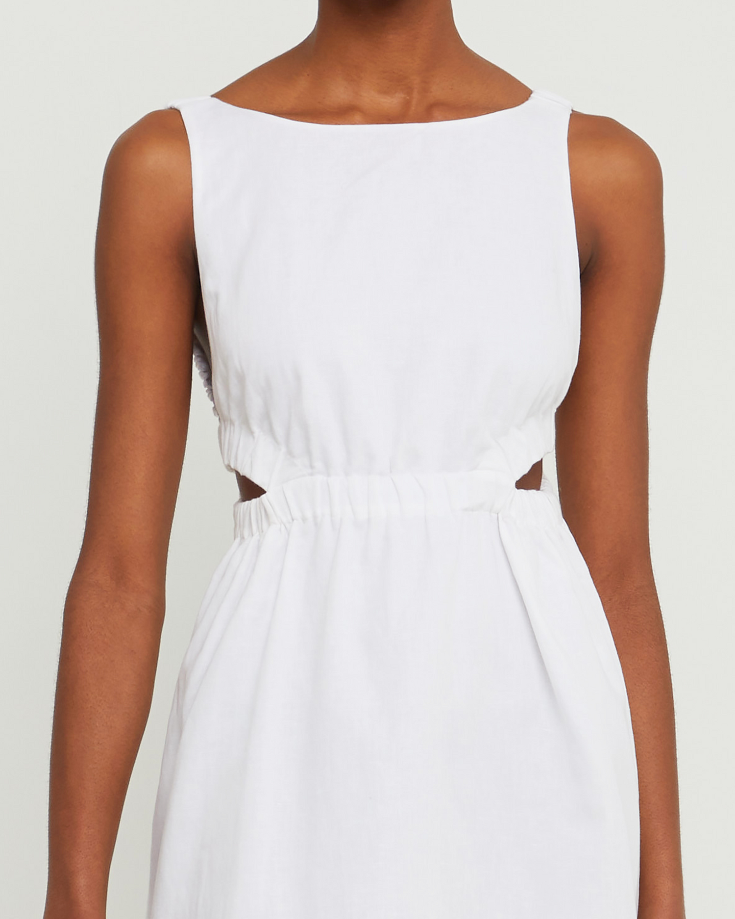 Sixth image of Aubrielle Dress, a white midi dress, open back, cut out, high neckline, sleeveless