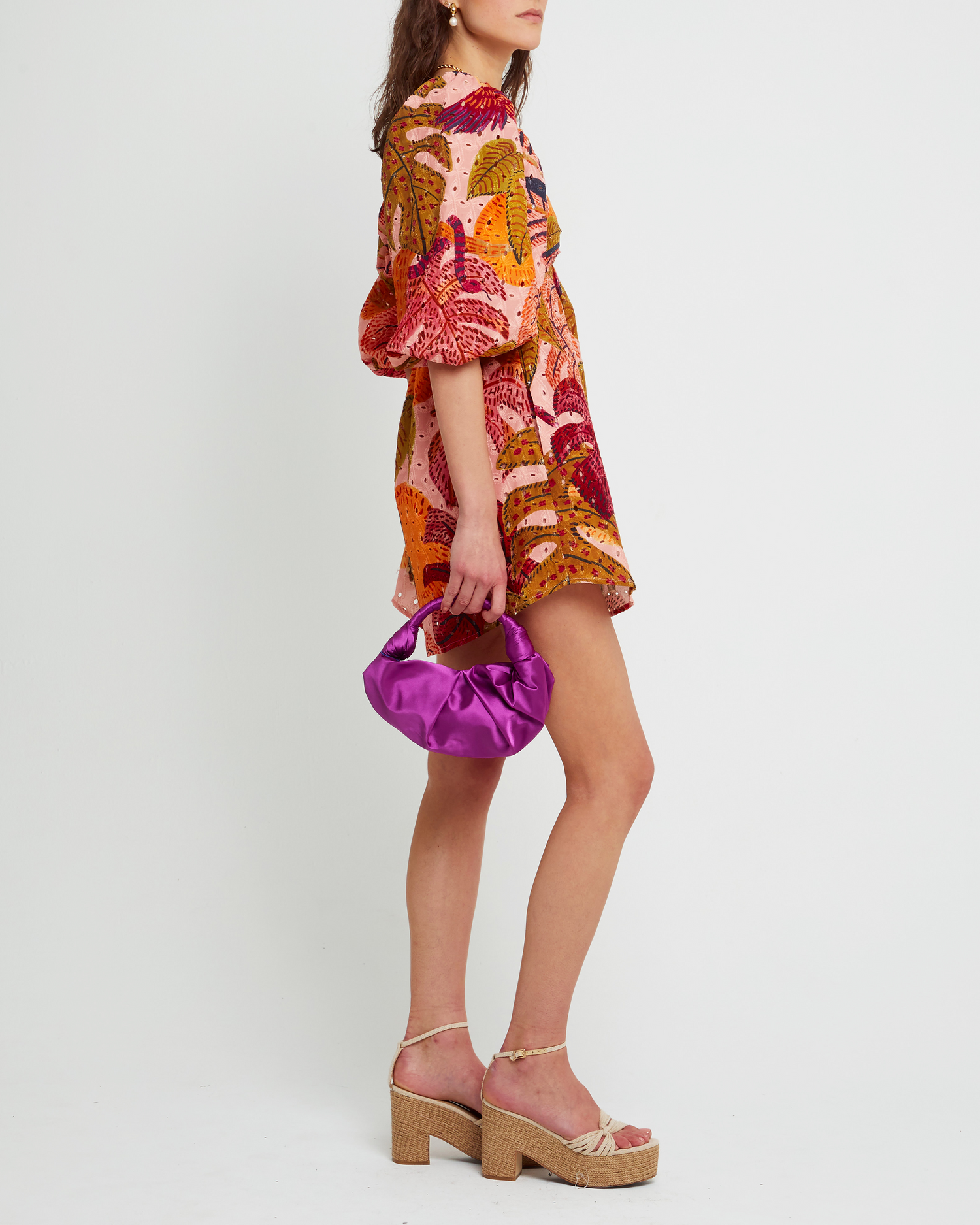 Third image of Robbie Dress, a  mini dress, tropical, floral, print, pink, puff sleeves, lace, eyelet
