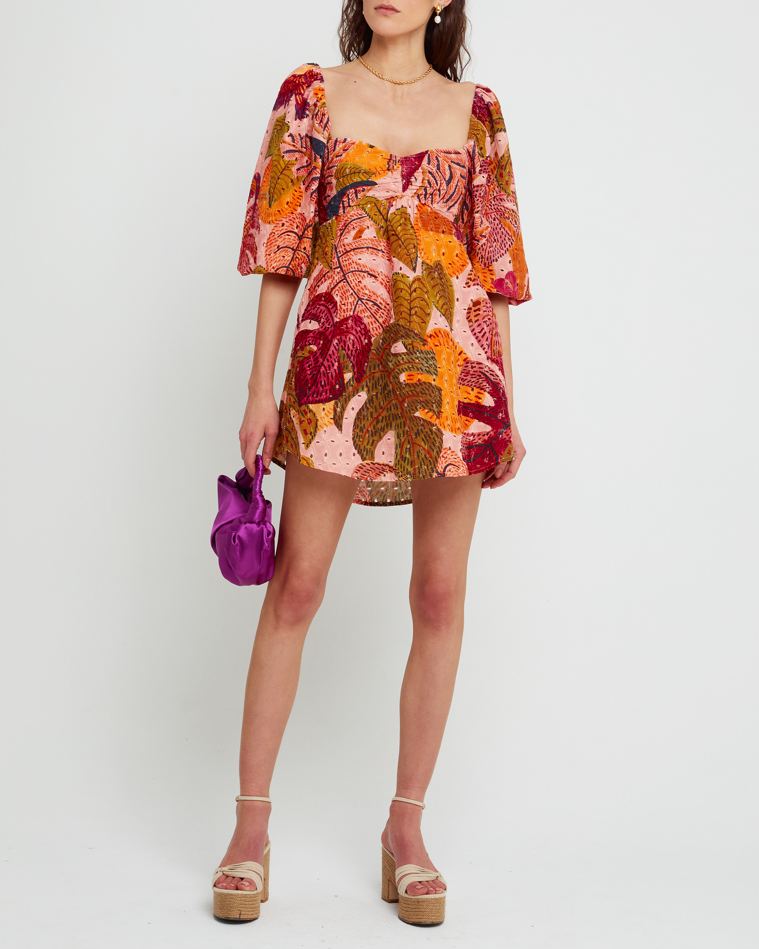 First image of Robbie Dress, a  mini dress, tropical, floral, print, pink, puff sleeves, lace, eyelet