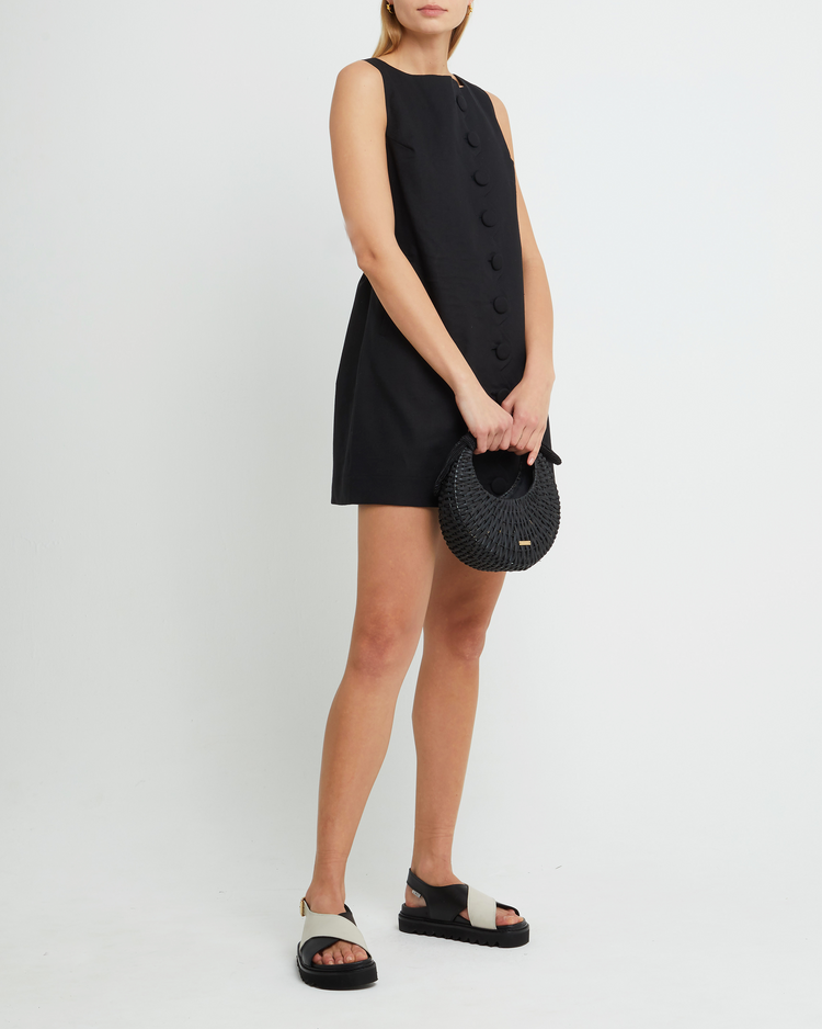 Third image of Jasen Dress, a black mini dress, shift, simple, high neck