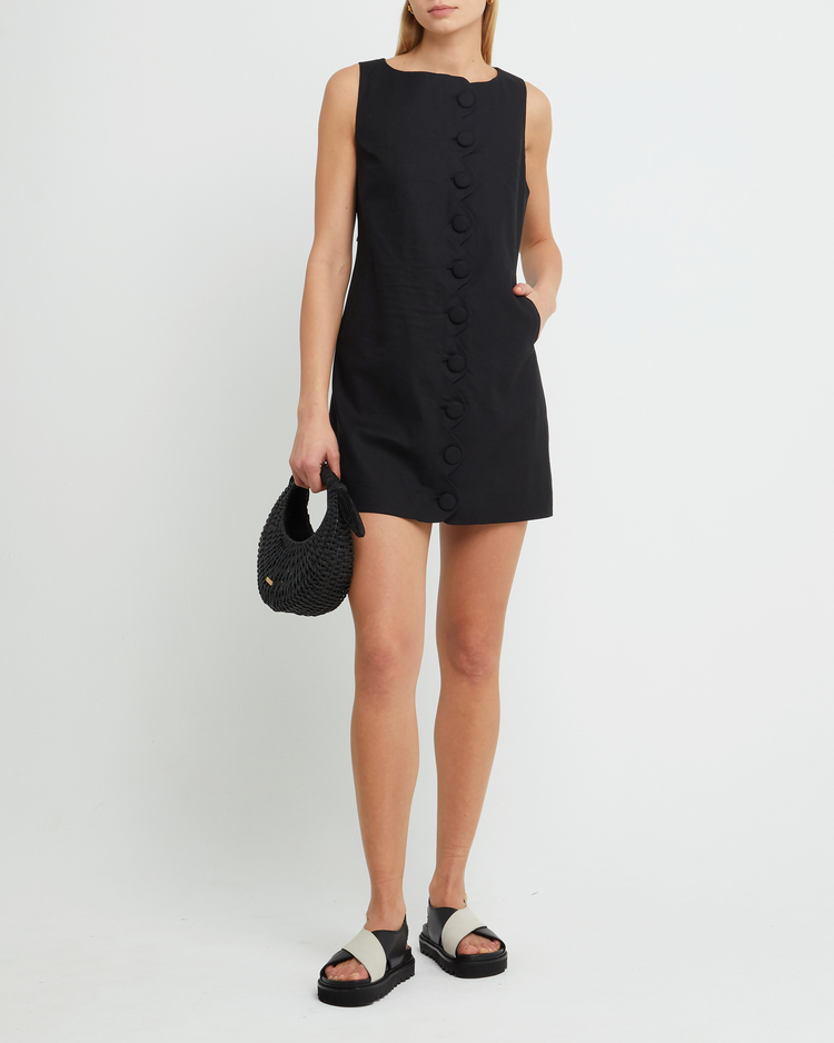 Fourth image of Jasen Dress, a black mini dress, shift, simple, high neck