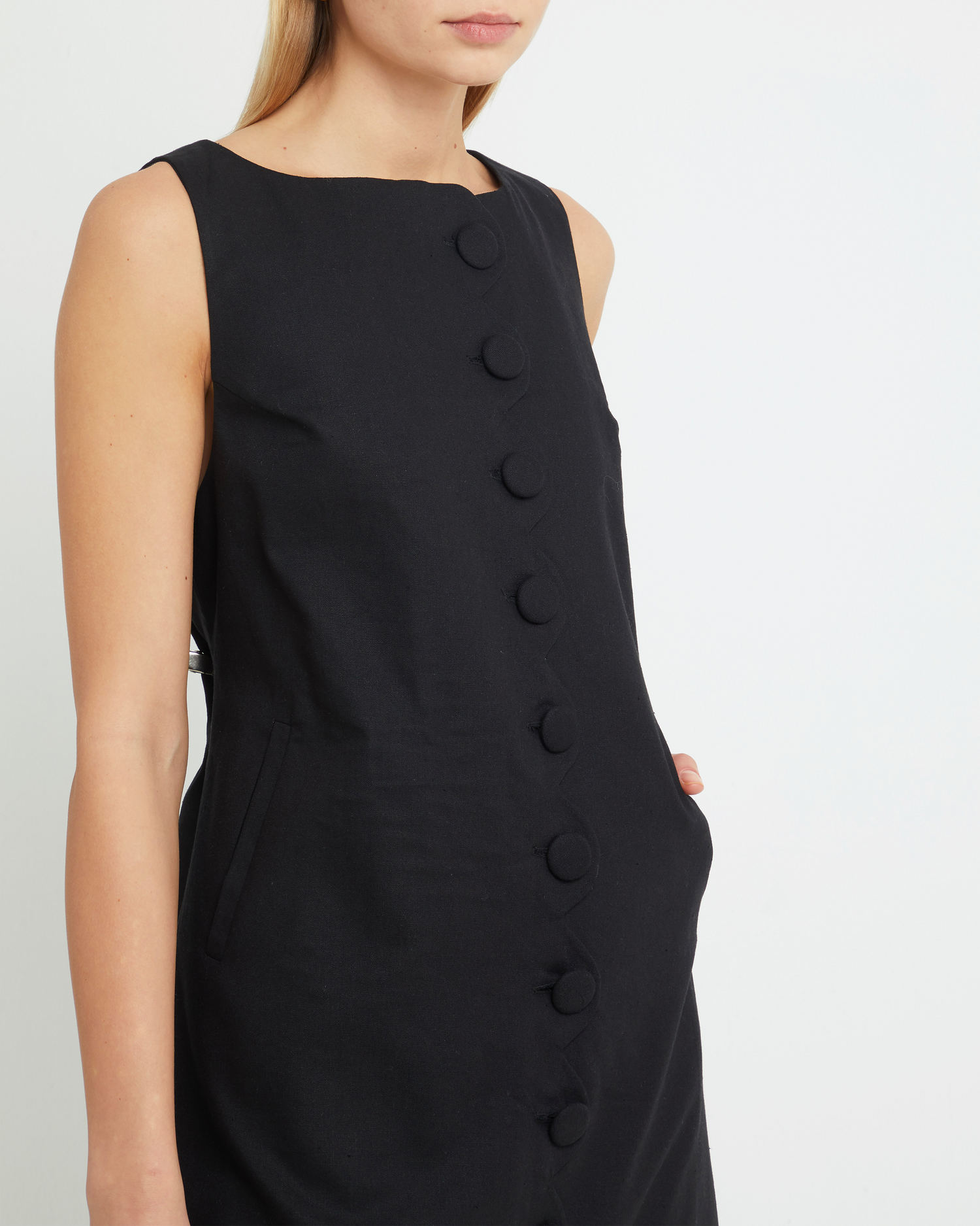 Sixth image of Jasen Dress, a black mini dress, shift, simple, high neck