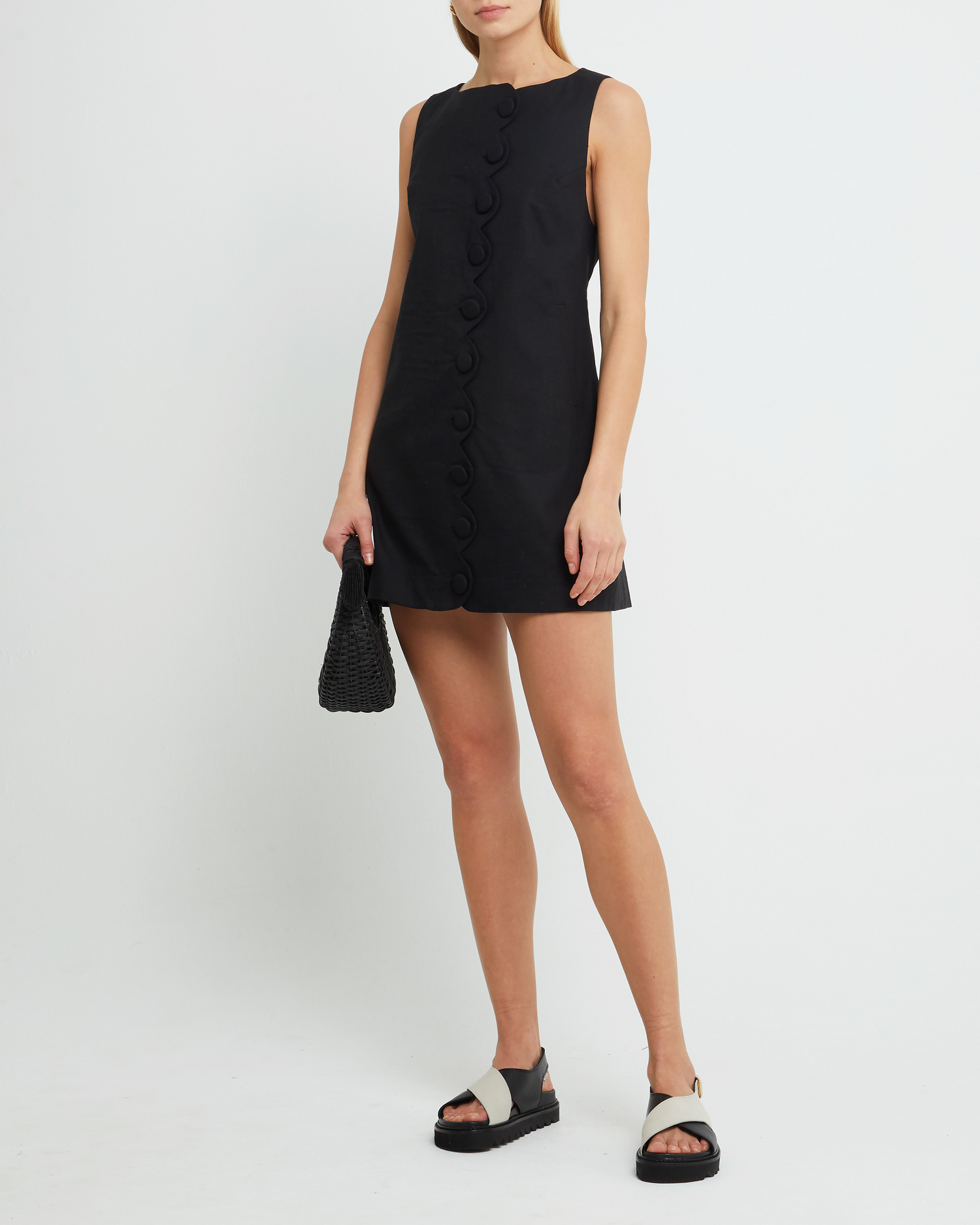 First image of Jasen Dress, a black mini dress, shift, simple, high neck