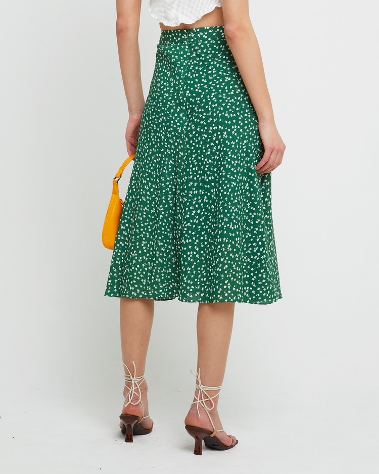 Second image of Rilynn Skirt, a green midi skirt, floral, back zipper