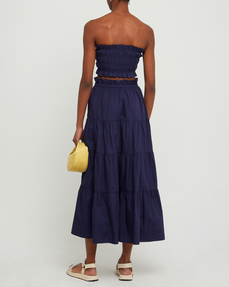 Third image of Ellery Set, a blue top and maxi skirt, strapless, ruched, ruffle, smocked, tiered