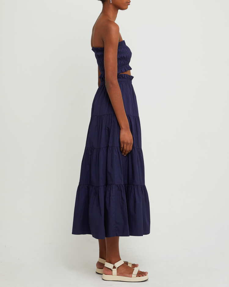 Fourth image of Ellery Set, a blue top and maxi skirt, strapless, ruched, ruffle, smocked, tiered