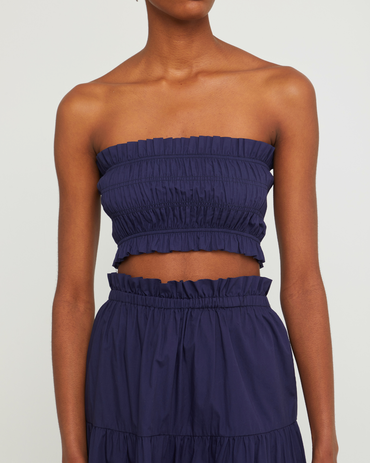 Sixth image of Ellery Set, a blue top and maxi skirt, strapless, ruched, ruffle, smocked, tiered