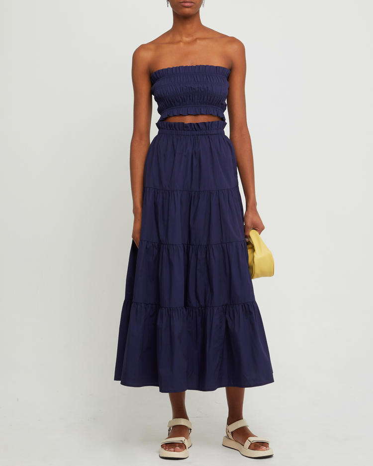 First image of Ellery Set, a blue top and maxi skirt, strapless, ruched, ruffle, smocked, tiered