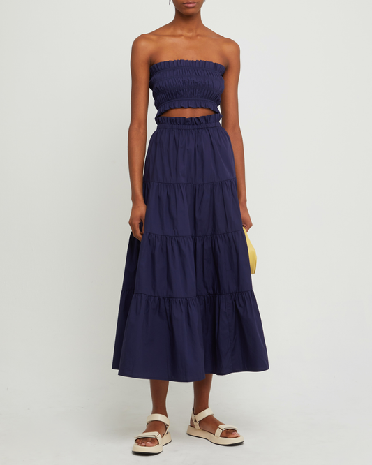 Second image of Ellery Set, a blue top and maxi skirt, strapless, ruched, ruffle, smocked, tiered