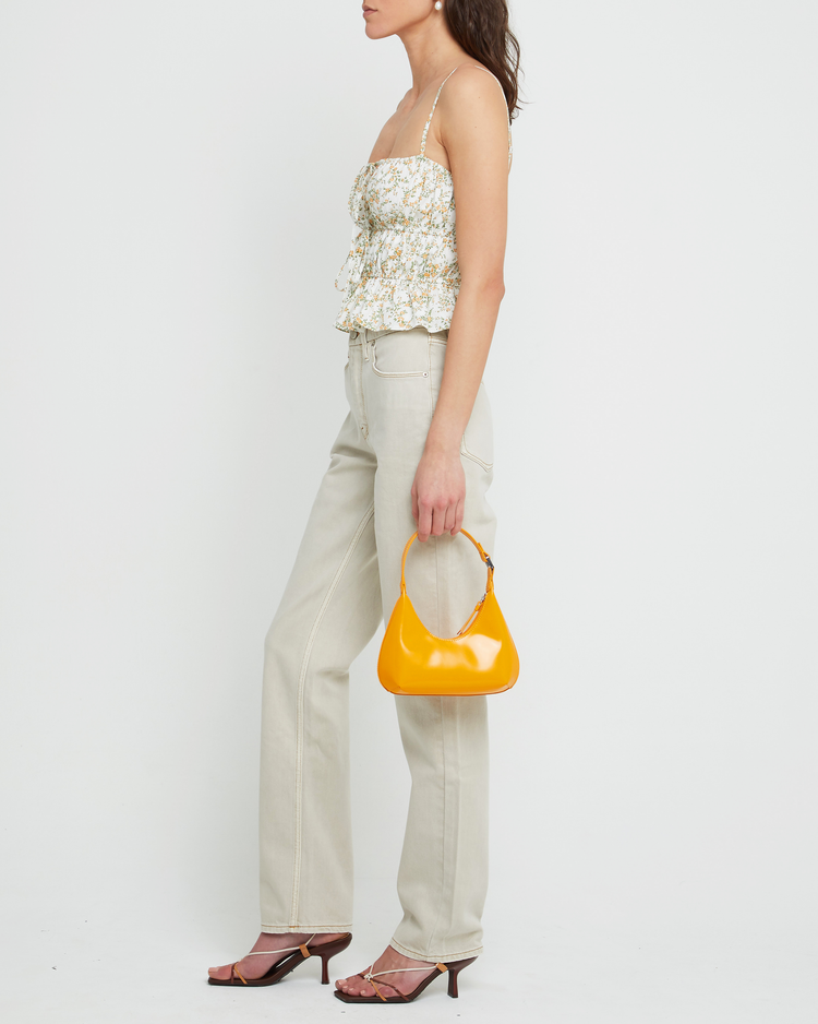 Third image of Lulu Top, a floral sleeveless top, ruffled, cinched, front tie, spaghetti strap, cami