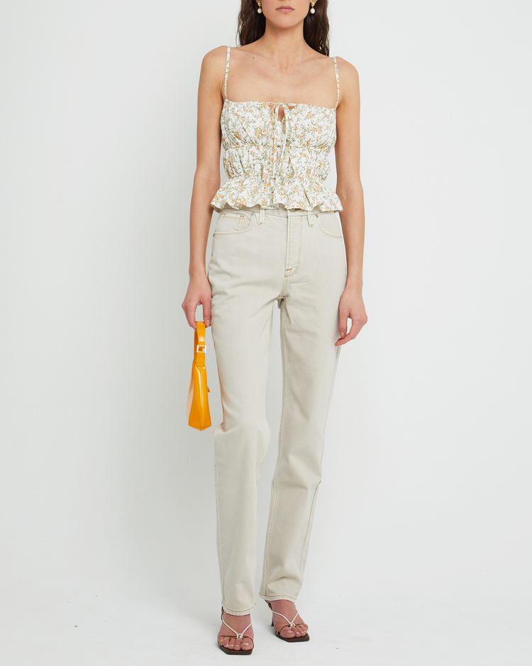 Fourth image of Lulu Top, a floral sleeveless top, ruffled, cinched, front tie, spaghetti strap, cami