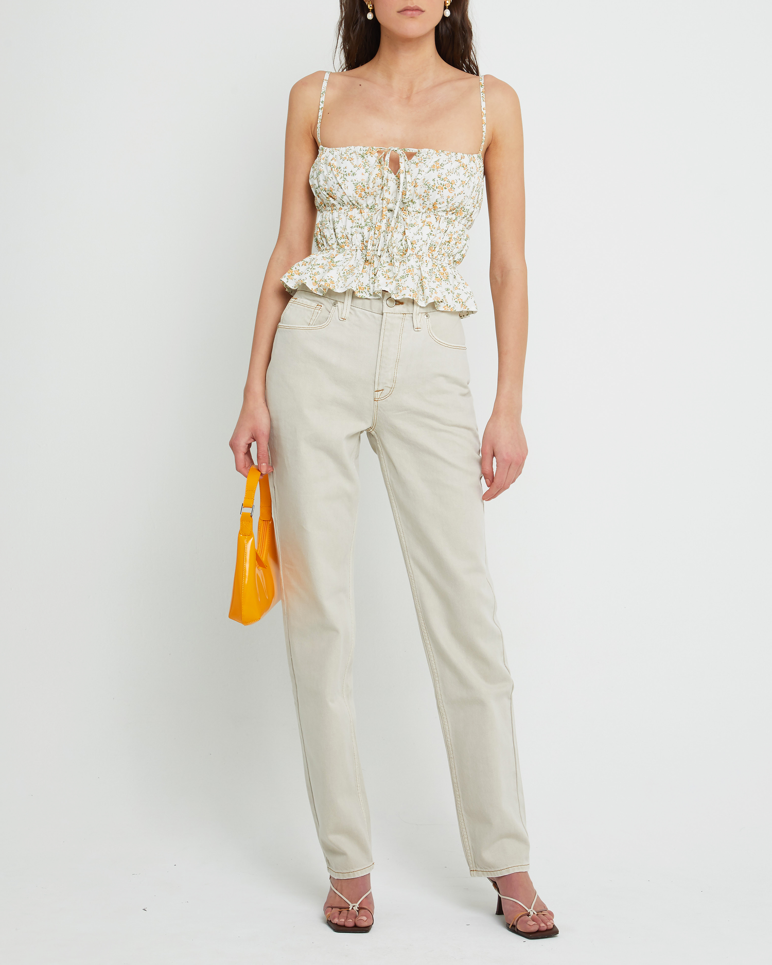Fifth image of Lulu Top, a floral sleeveless top, ruffled, cinched, front tie, spaghetti strap, cami