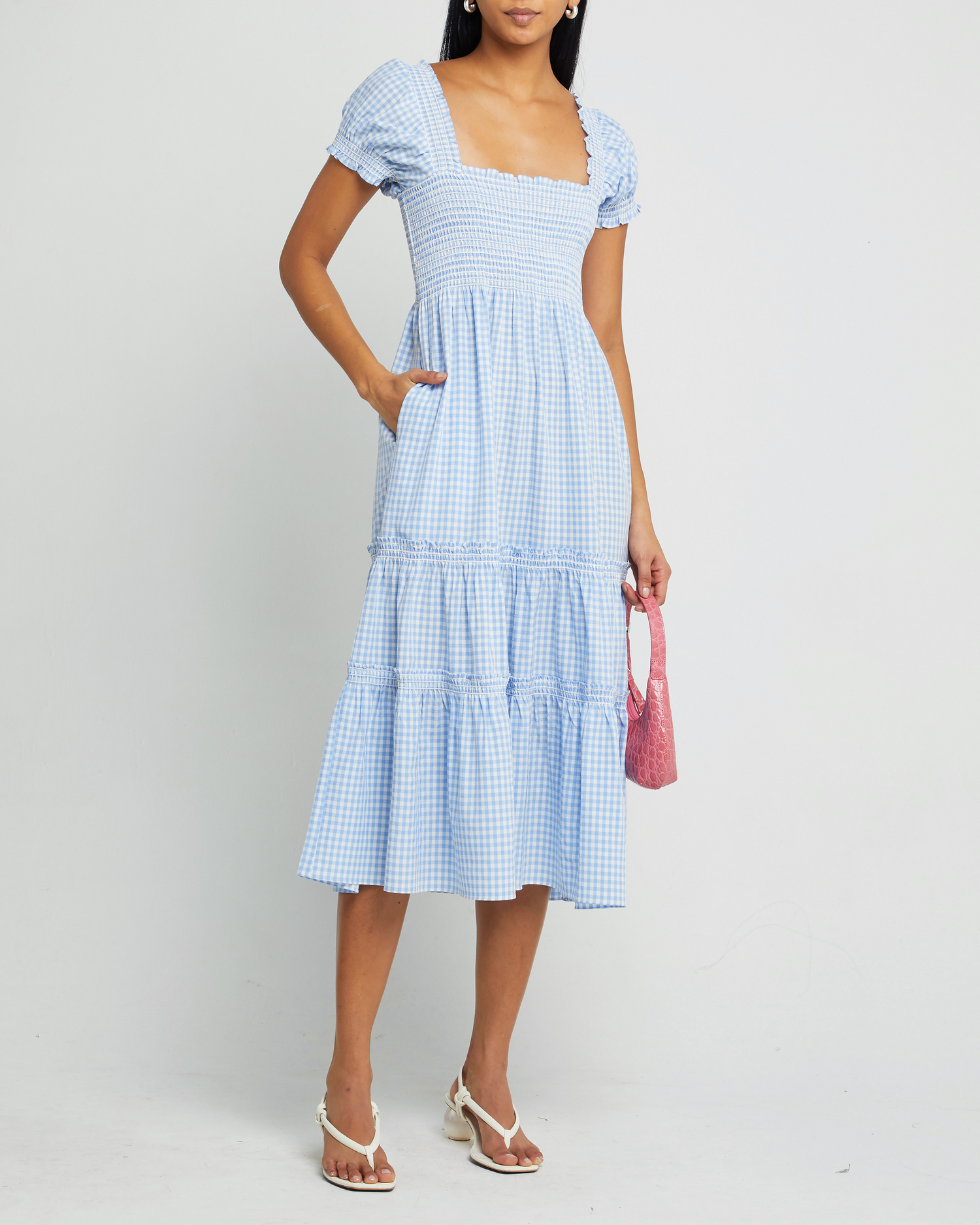 First image of Square Neck Smocked Maxi Dress, a blue maxi dress, smocked, puff sleeves, short sleeves