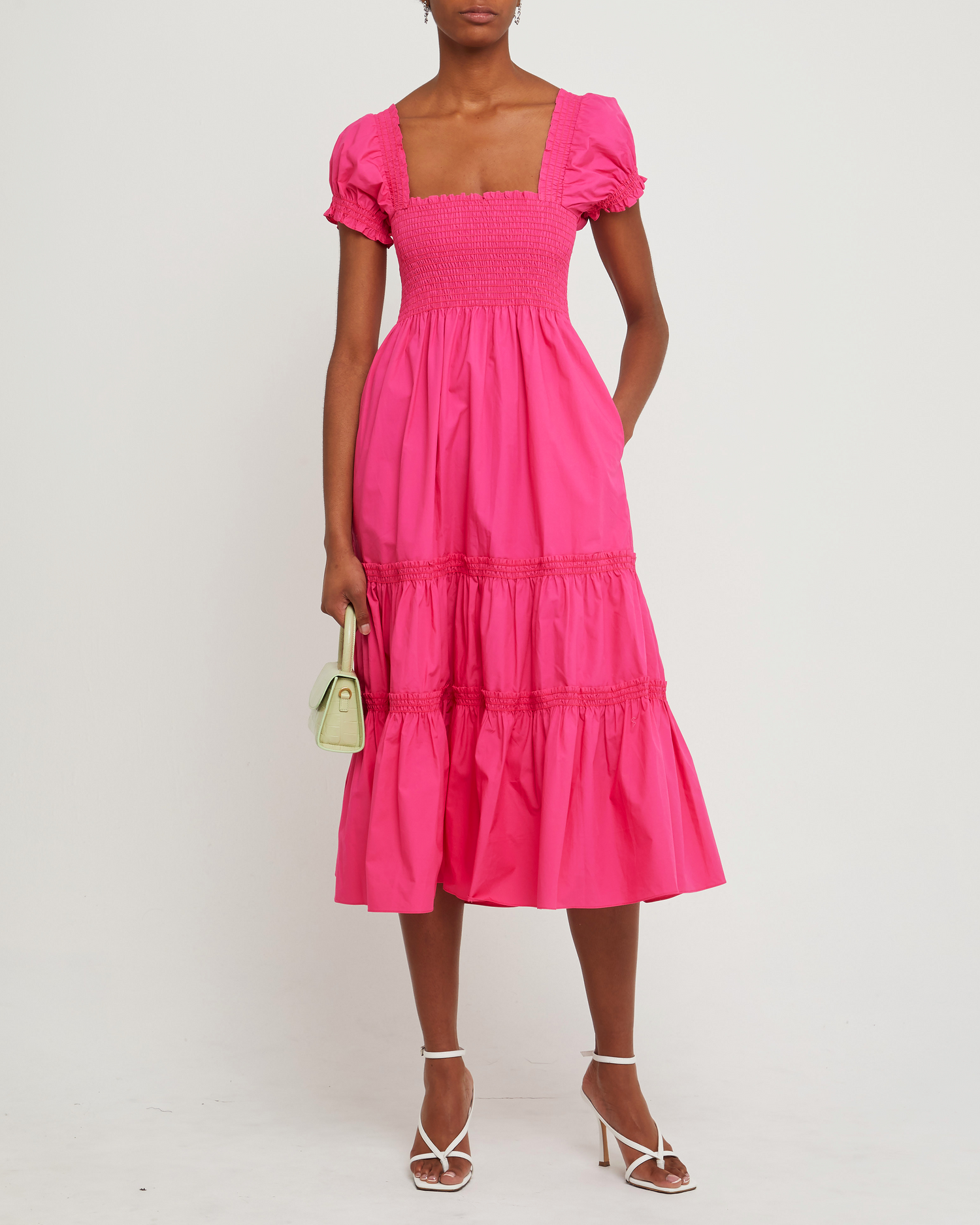 Fourth image of Square Neck Smocked Maxi Dress, a pink maxi dress, smocked, puff sleeves, short sleeves