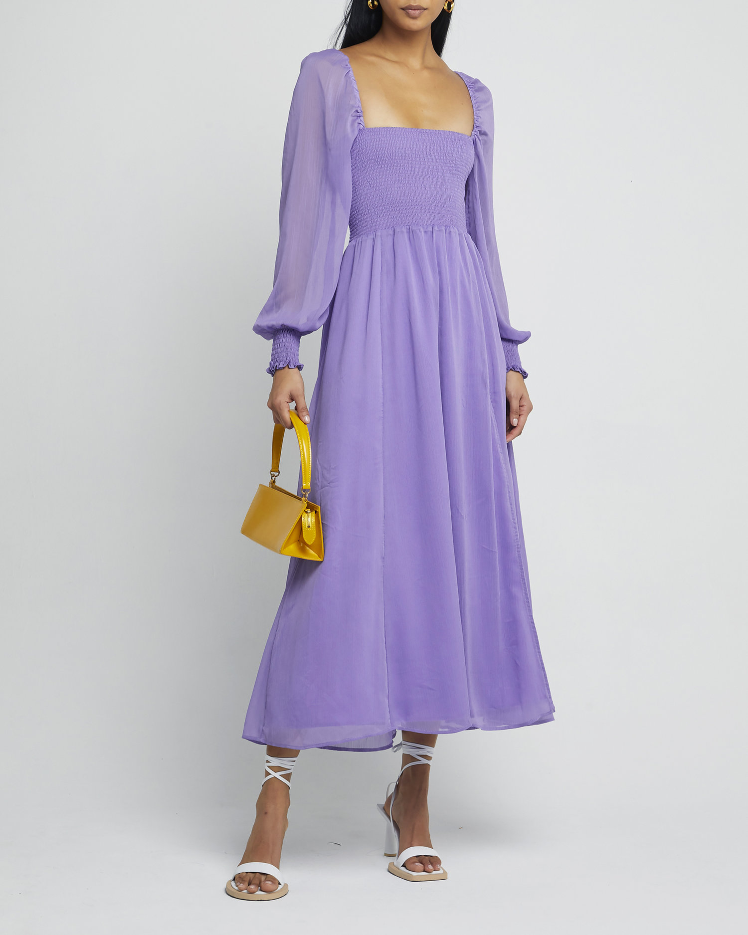 Fourth image of Classic Smocked Maxi Dress, a purple maxi dress, side slit, long, sheer sleeves, puff sleeves, square neckline, smocked bodice