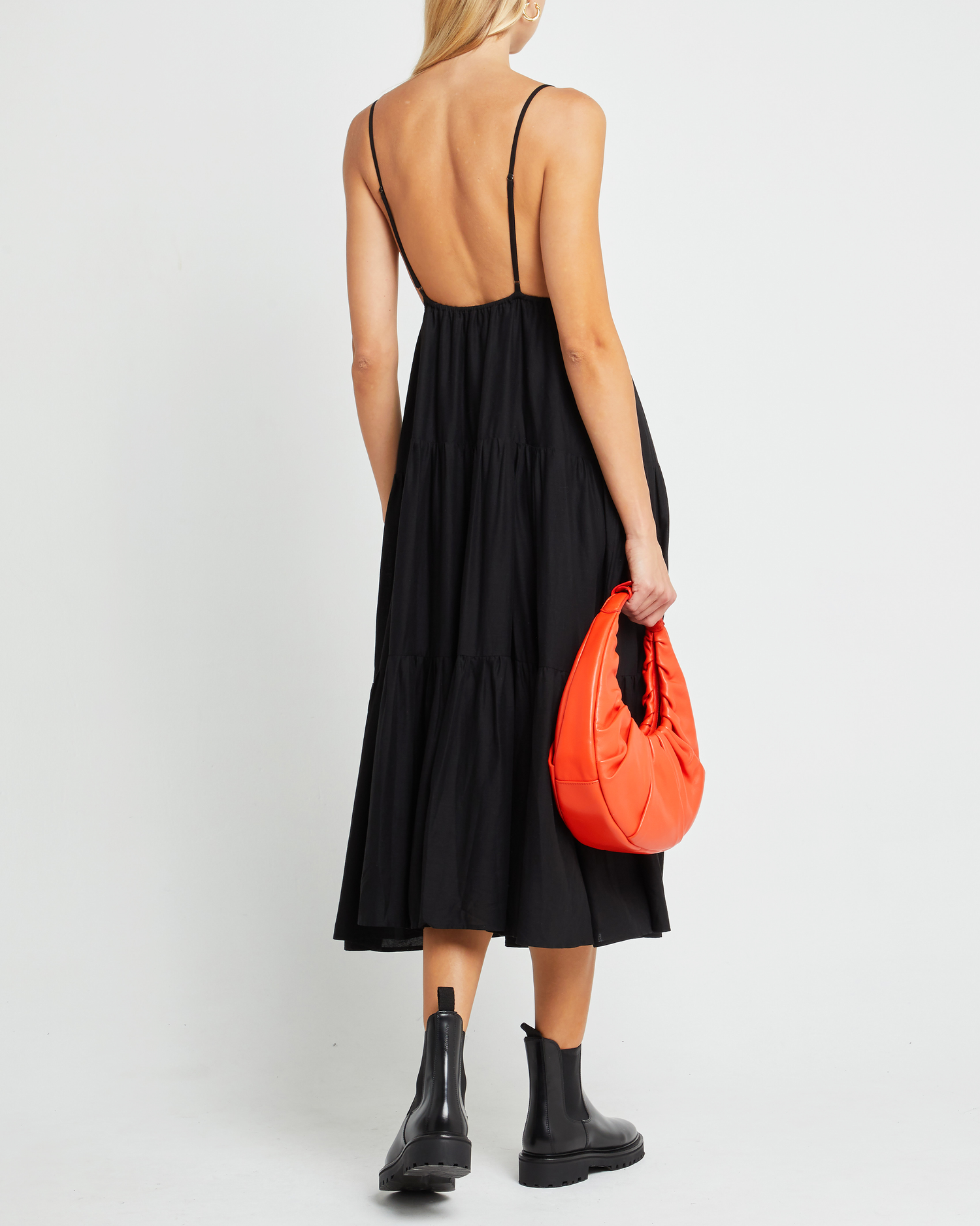 Second image of Coco Dress, a black midi dress, open back, spaghetti straps