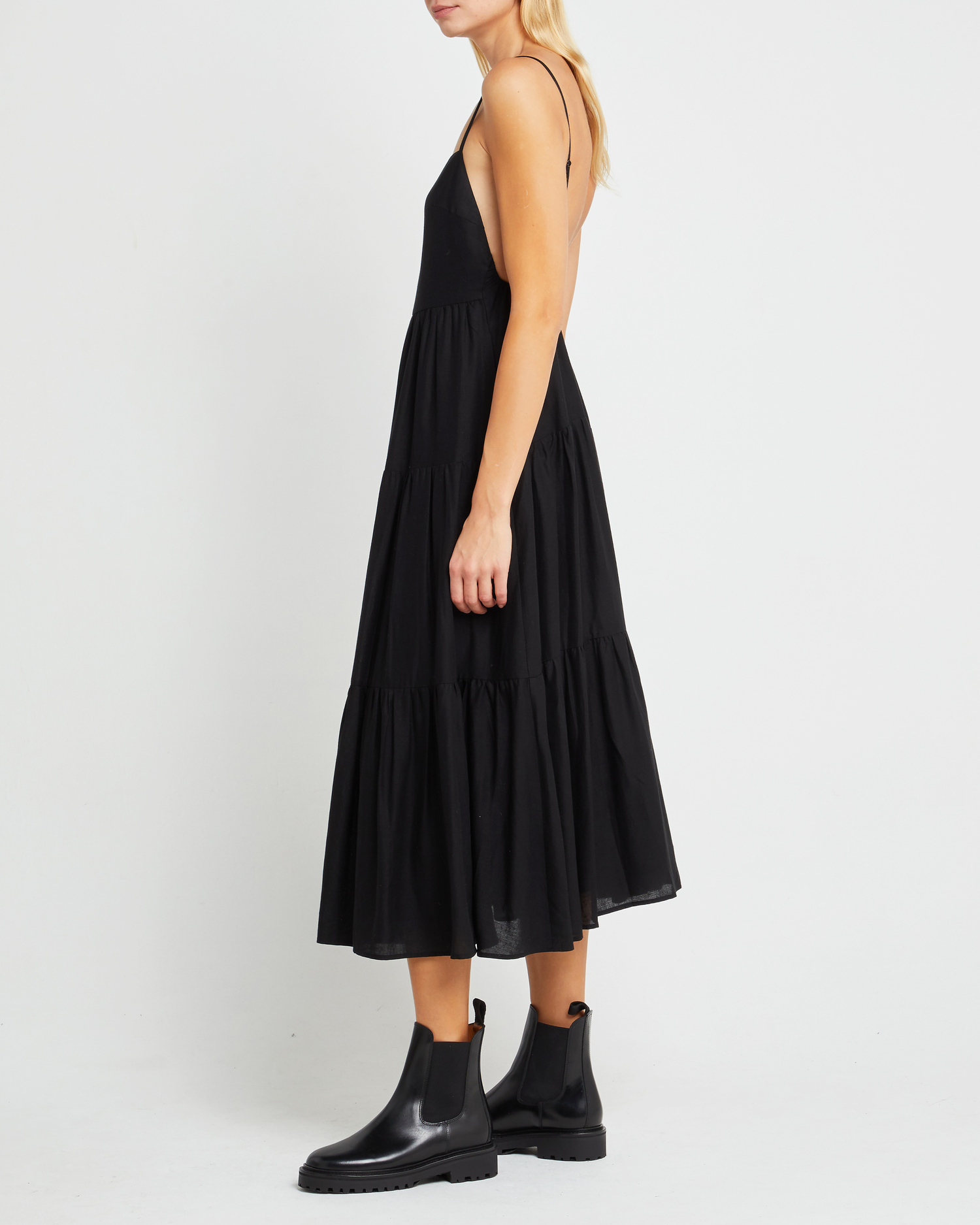 Third image of Coco Dress, a black midi dress, open back, spaghetti straps