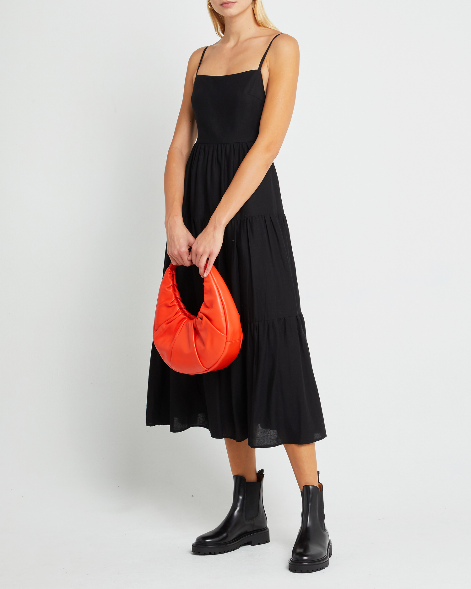 Fourth image of Coco Dress, a black midi dress, open back, spaghetti straps