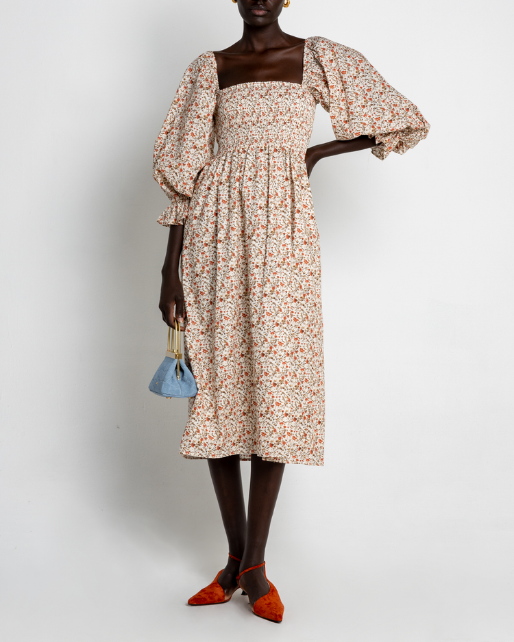 Fourth image of Athena Dress, a floral midi dress, off shoulder, long sleeve, puff sleeves, smocked