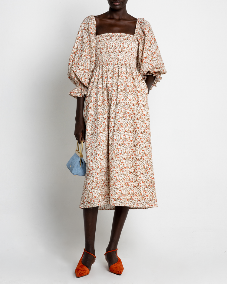 First image of Athena Dress, a floral midi dress, off shoulder, long sleeve, puff sleeves, smocked