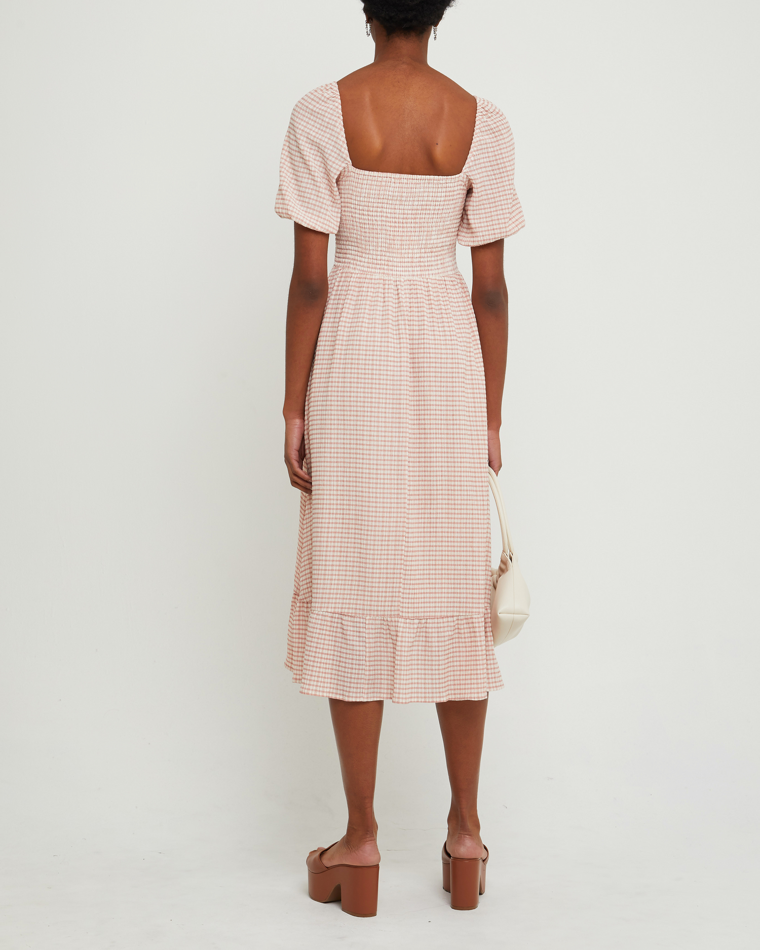 Second image of Daisy Midi Dress, a pink maxi dress, short sleeves, side slit, square neckline, smocked
