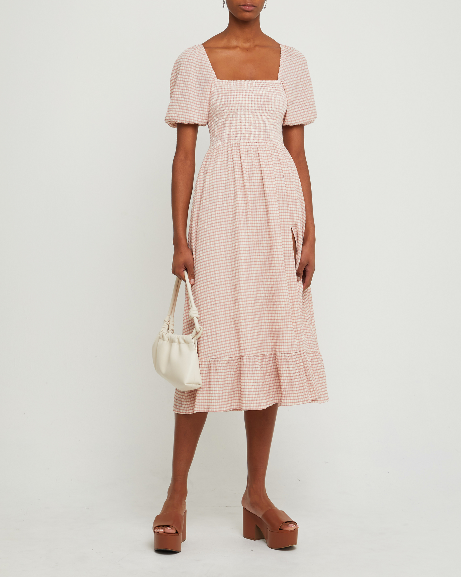 Fourth image of Daisy Midi Dress, a pink maxi dress, short sleeves, side slit, square neckline, smocked