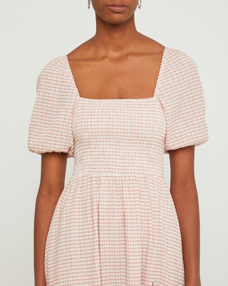 Fifth image of Daisy Midi Dress, a pink maxi dress, short sleeves, side slit, square neckline, smocked