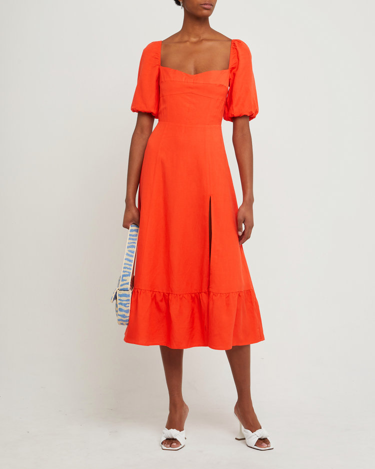 Fourth image of Violetta Midi Dress, a orange midi dress, sweetheart neckline, short sleeves, puff sleeves, side slit
