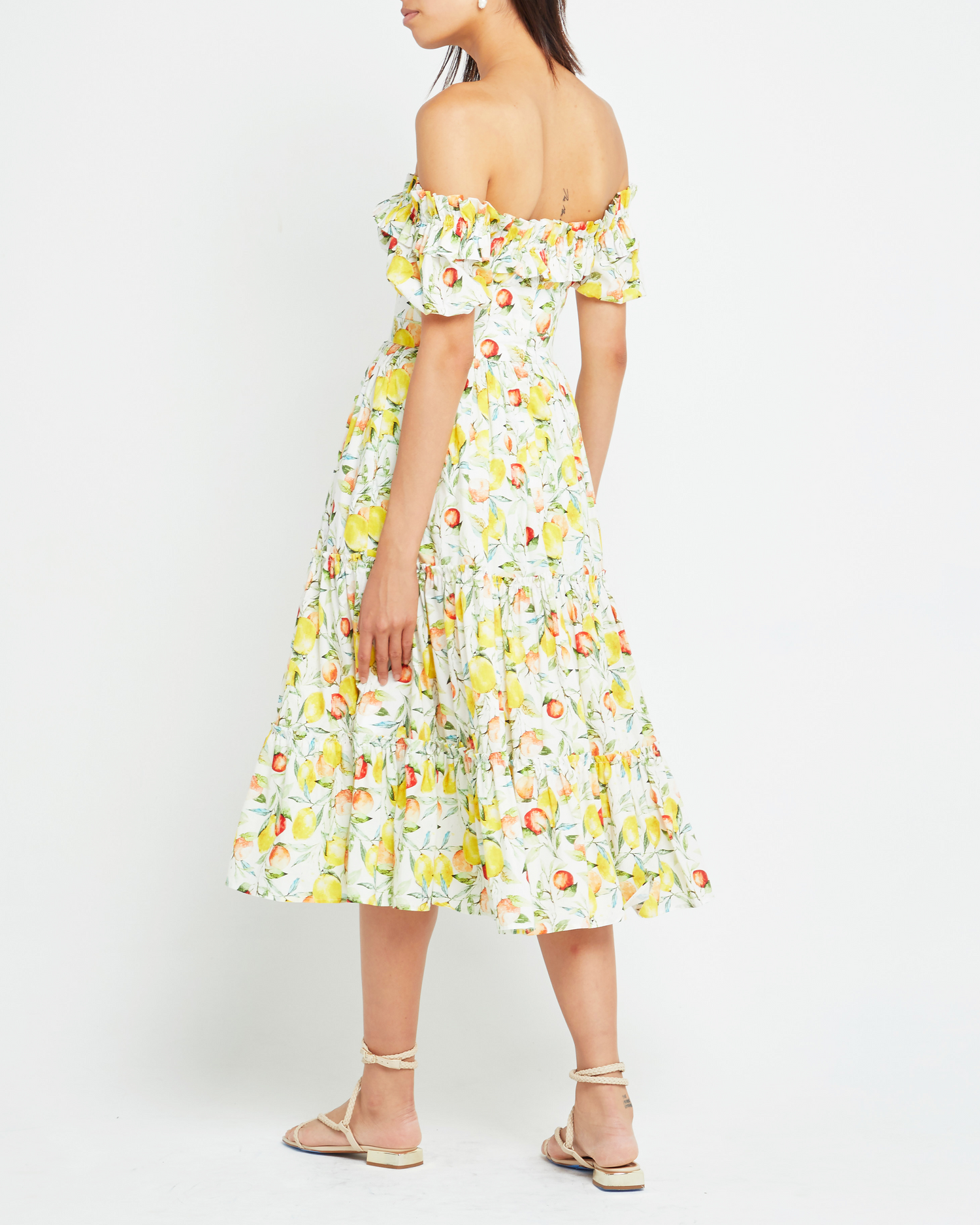 Second image of Allegra Dress, a midi dress, fruit print, off the shoulder, ruffle, puff sleeve