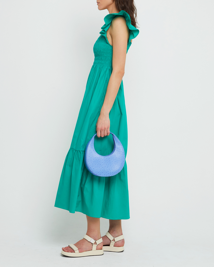 Third image of Tuscany Dress, a green maxi dress, smocked bodice, ruffled cap sleeves, pockets