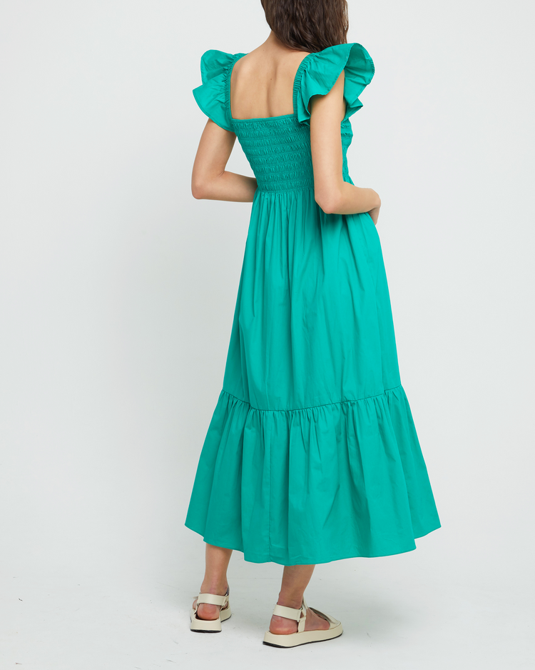 Fifth image of Tuscany Dress, a green maxi dress, smocked bodice, ruffled cap sleeves, pockets