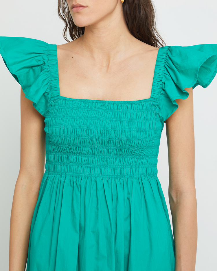 Sixth image of Tuscany Dress, a green maxi dress, smocked bodice, ruffled cap sleeves, pockets