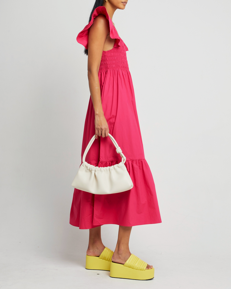 Third image of Tuscany Dress, a pink maxi dress, smocked bodice, ruffled cap sleeves, pockets