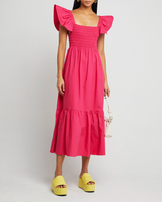 First image of Tuscany Dress, a pink maxi dress, smocked bodice, ruffled cap sleeves, pockets