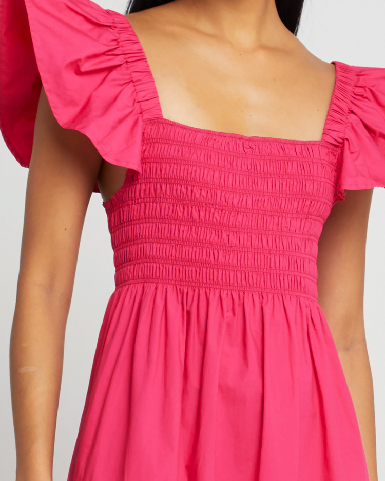 Fifth image of Tuscany Dress, a pink maxi dress, smocked bodice, ruffled cap sleeves, pockets