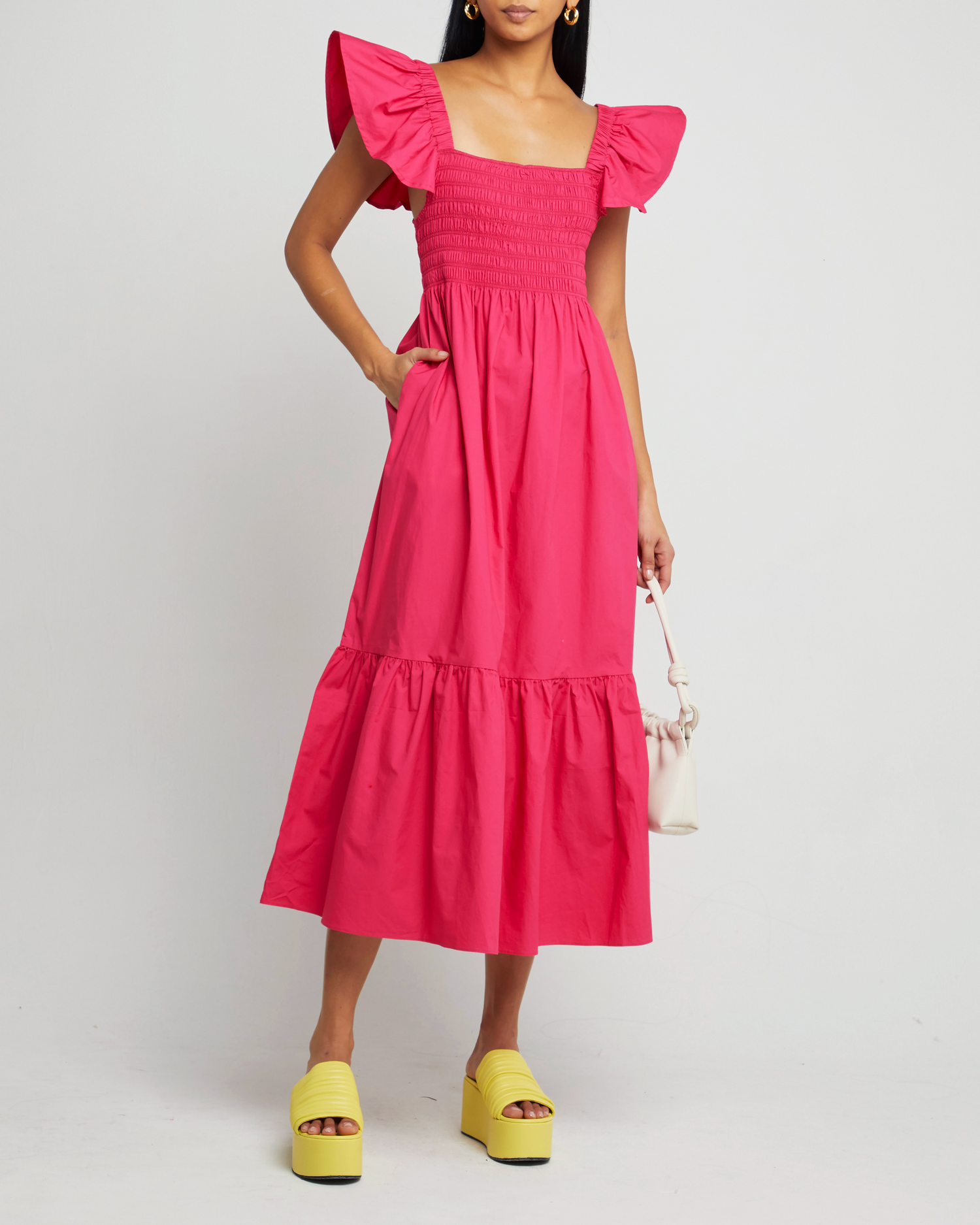 Fourth image of Tuscany Dress, a pink maxi dress, smocked bodice, ruffled cap sleeves, pockets