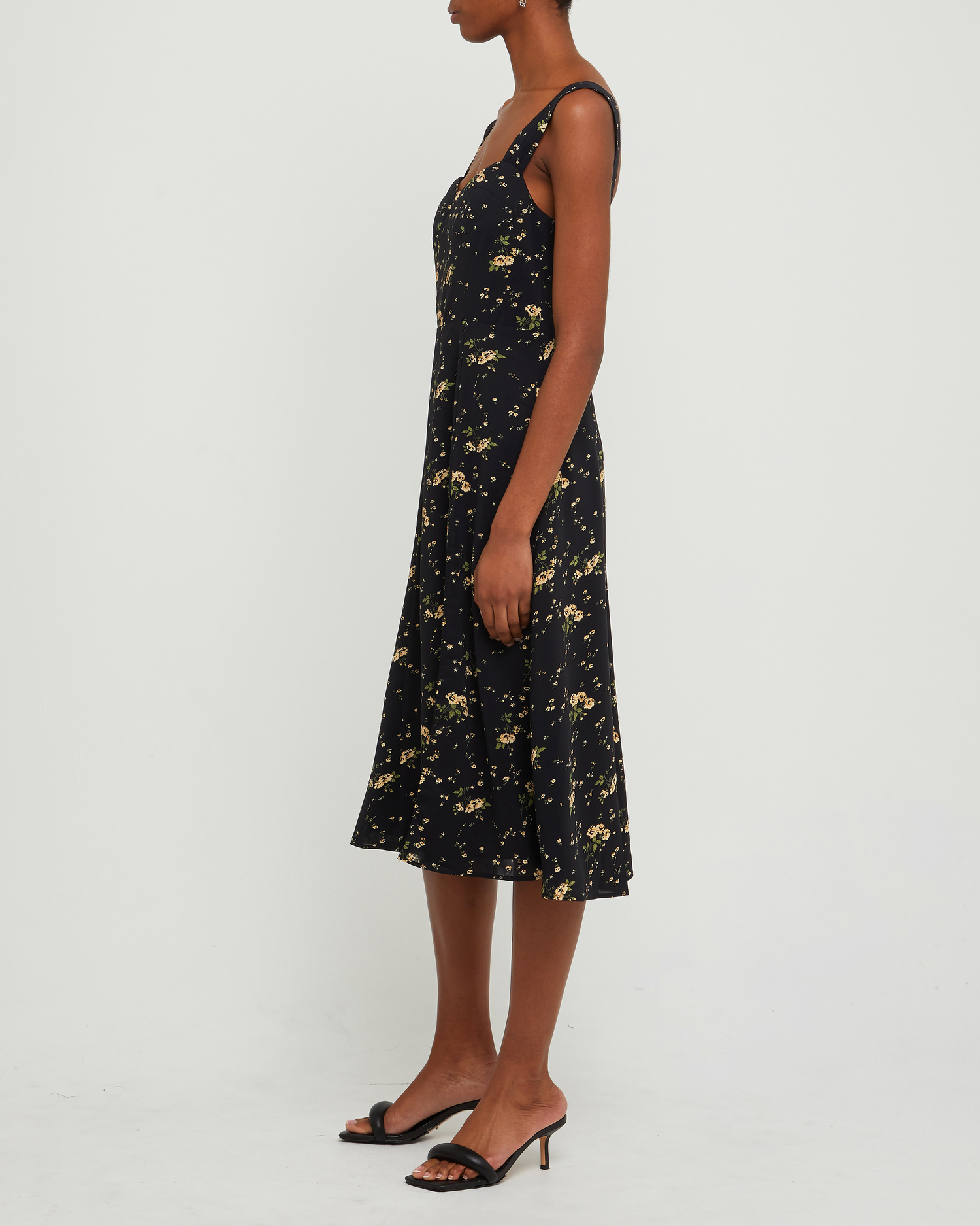 Third image of Amari Dress, a black midi dress, side slit, floral, tank