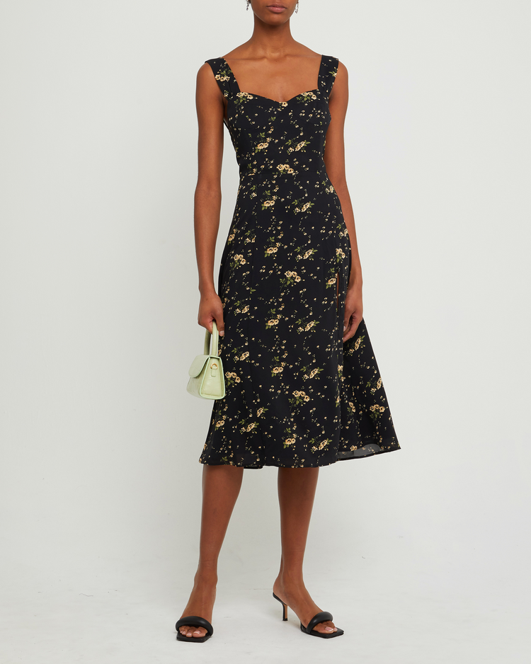Fourth image of Amari Dress, a black midi dress, side slit, floral, tank