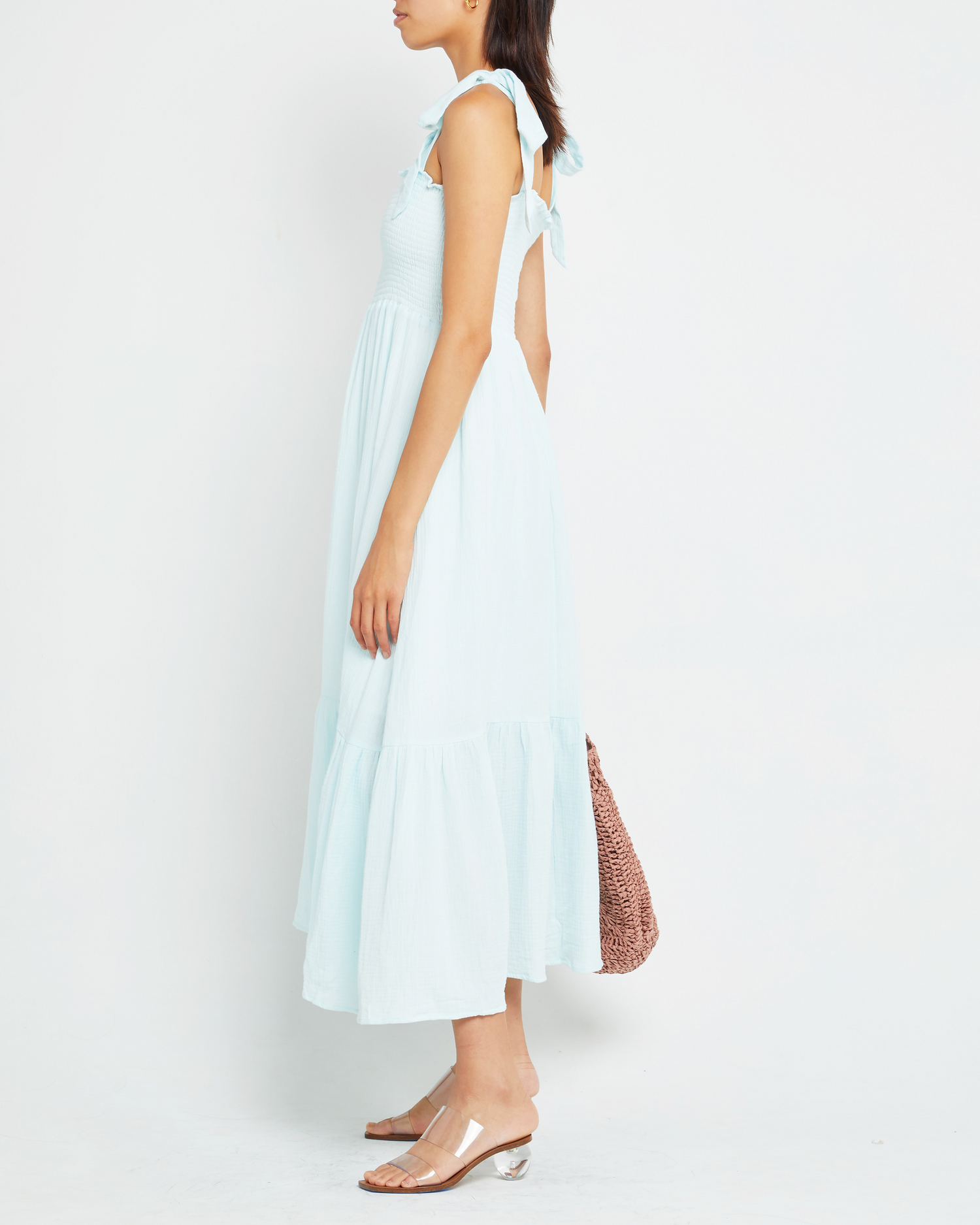 Fourth image of Cotton Winnie Dress, a blue midi dress, tie straps, smocked bodice