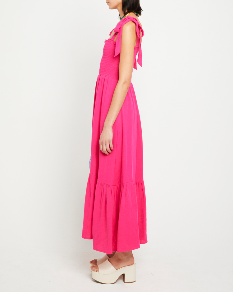 Third image of Cotton Winnie Dress, a pink maxi dress, tie straps, smocked bodice