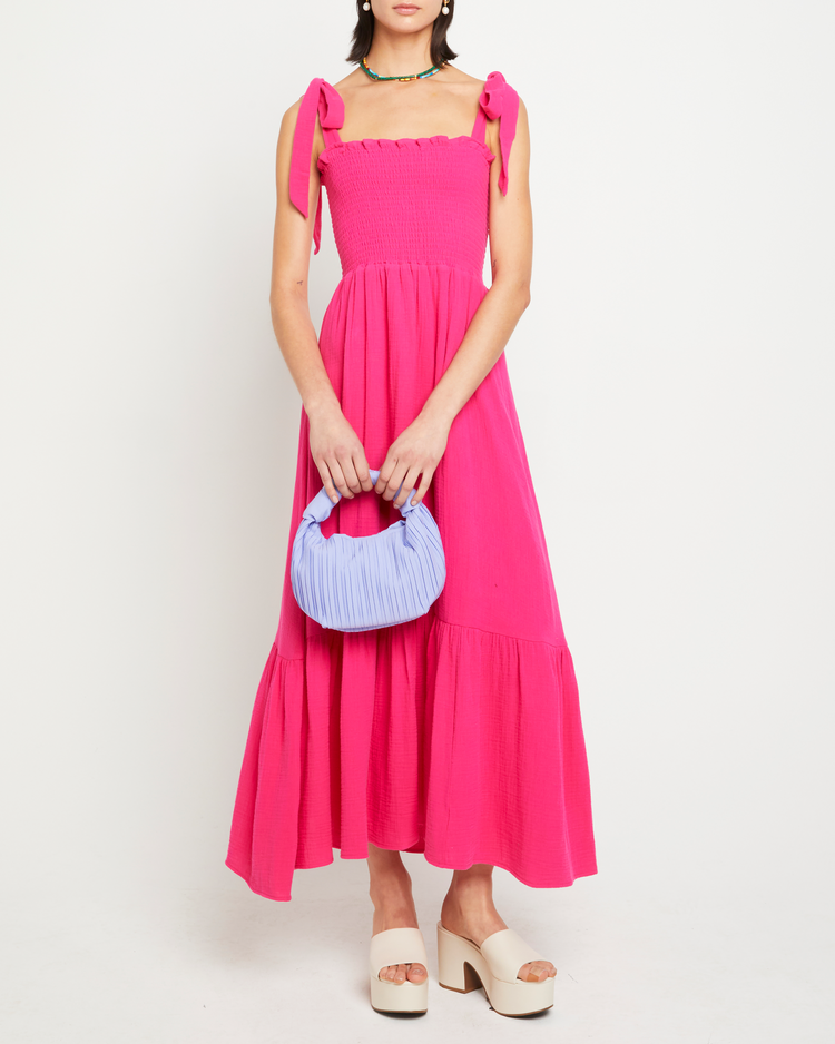 Fourth image of Cotton Winnie Dress, a pink maxi dress, tie straps, smocked bodice
